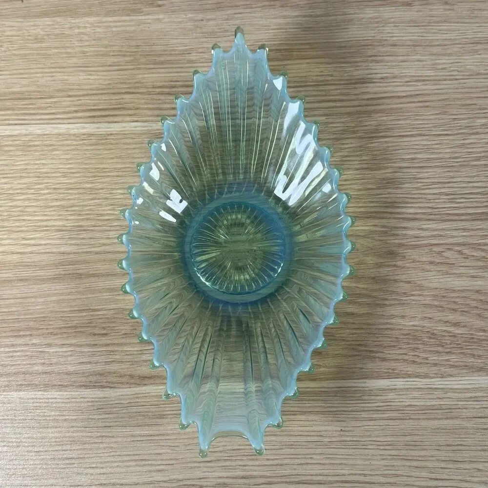 Vtg Fostoria Heirloom Aqua Opalescent Oblong Flared Art Glass Bowl MCM 13
